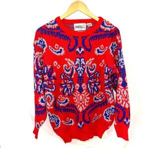 Vtg Danielle Pullover Sweater Sz Sm Red Blue Gray Abstract Design Colorful Cozy